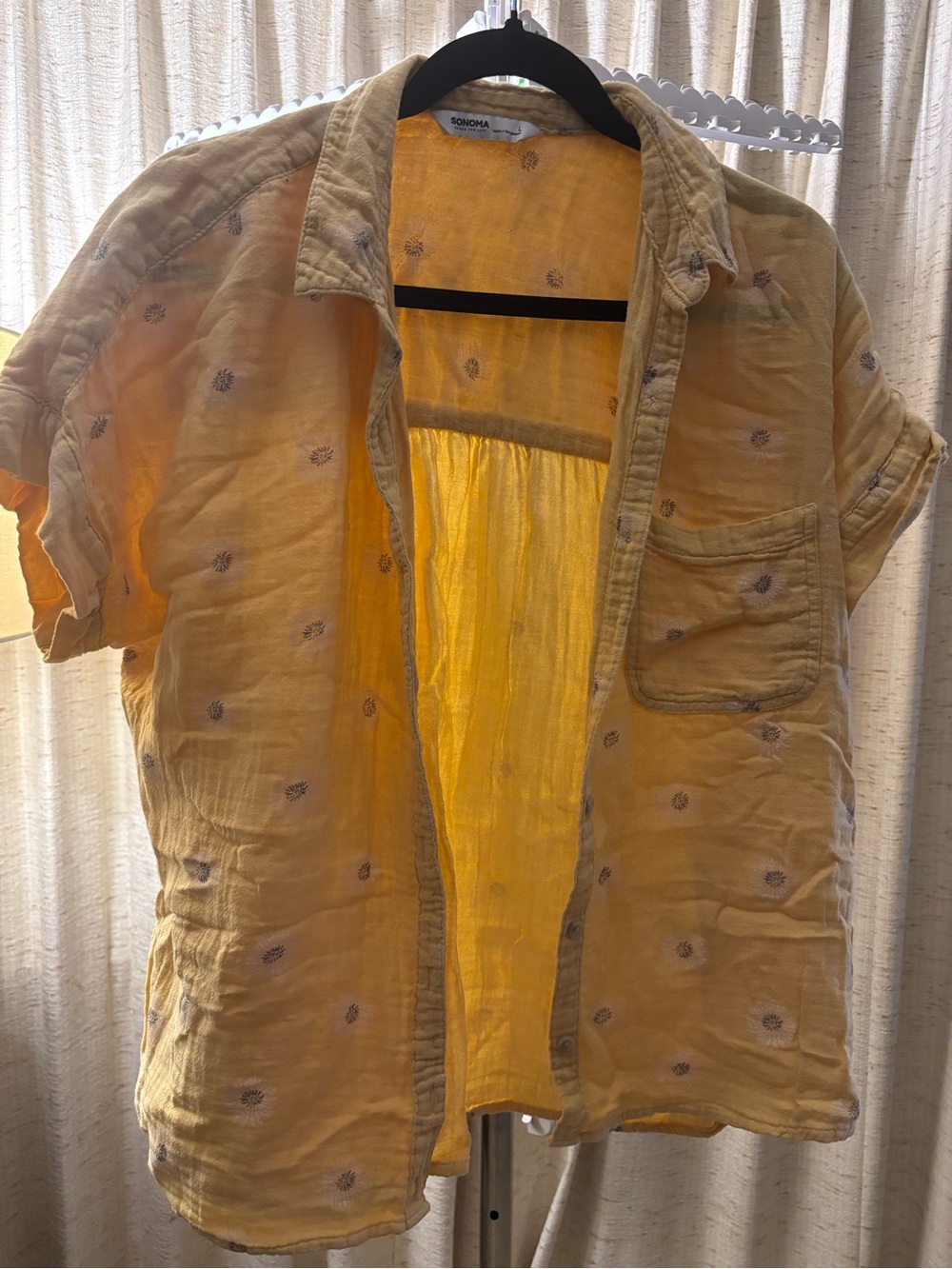 Sonoma Yellow Short-Sleeve Lightweight Shirt Jacket with Embroidered flower